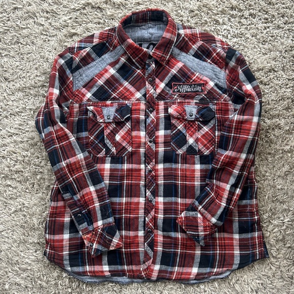 Affliction Reversible Plaid Flannel Button-Down Shirt Sz L